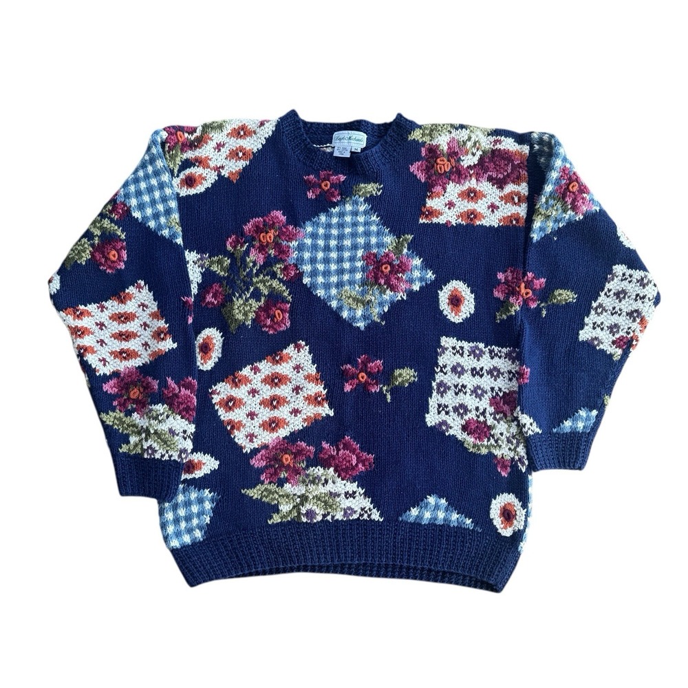 Vtg Hand-knitted Leigh Michaels Sweater Womens M Patchwork Cottagecore Gingham